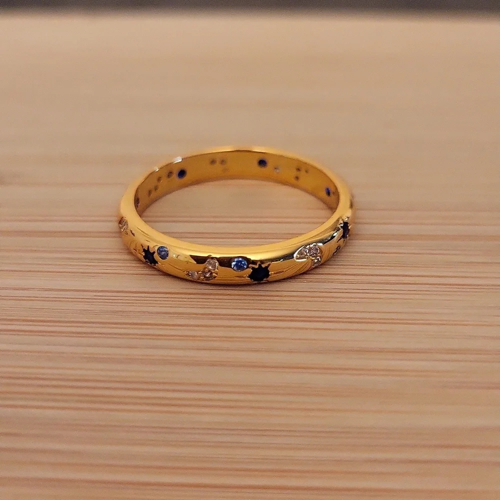 18k Over Sterling Silver Moon & Star Celestial Band Ring